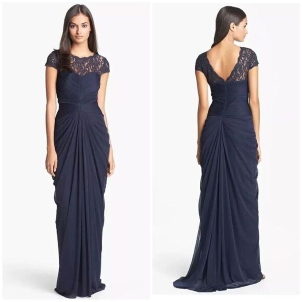 Adrianna Papell Navy Lace Cap-Sleeve Ruched Maxi Dress